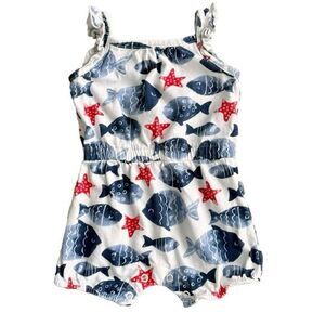 Just One You Carter’s Baby Girl Ruffle Fish Ocean Print Romper Outfit. 6 Months.
